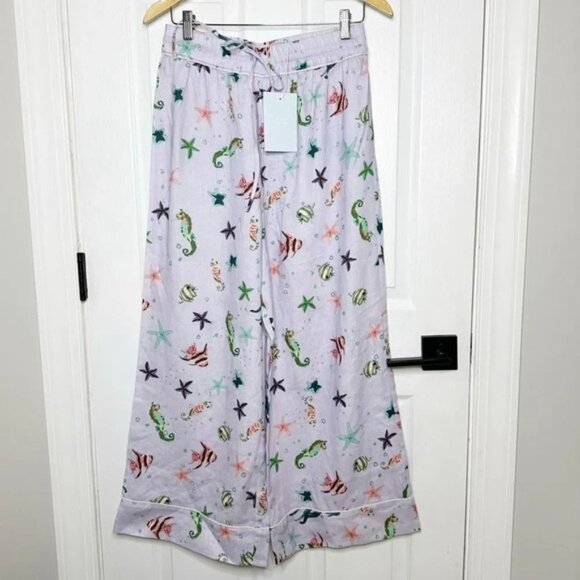 HILL HOUSE The Skylar Pant Sea Creatures 100% Linen Pants Size M Beach Ocean - Picture 1 of 7